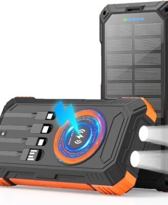 Solar Charger Power Bank 49800mAh Wireless Portable Phone Charger, 22.5W QC3.0 Fast Charging Built in 4 Cables with USB C 6 Outputs & 2 Inputs for All Cell Phone
